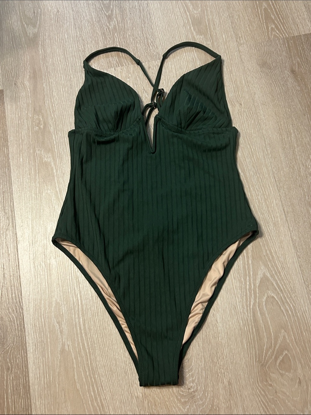Shade & Shore Forest Green Ribbed High Cut Cheeky One-Piece Swimsuit Sz L